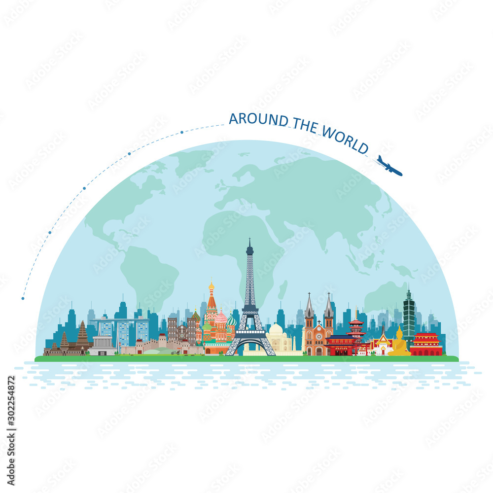 Travel to World. Travel composition with famous world landmarks. Travel and Tourism. Vector illustration