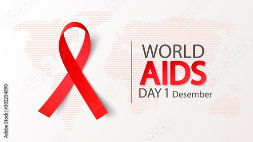 World AIDS Day 1 December. Vector illustration With aids awareness ribbon on world map background