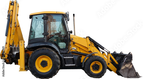 New yellow tractor digger with bucket isolated on white background