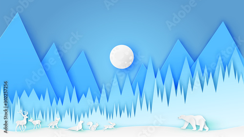 Nature scenery of winter with polar animals living on ice ground. Landscape in winter. Polar animals. paper cut and craft style. vector, illustration.