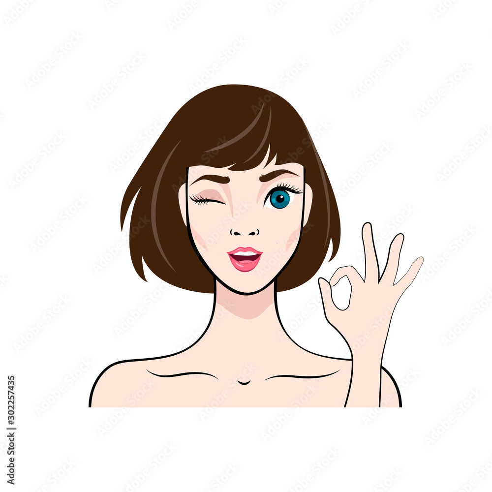 Young girl shows OK gesture and winks. Portrait isolated on white background in Cartoon style Young girl shows OK gesture and winks. Portrait isolated on white background in Cartoon style