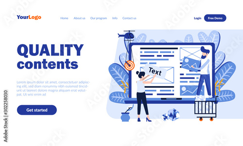 Quality contents vector landing page template with header. Online business, social media web banner, homepage design with flat illustrations. Bloggers cartoon characters. Blogging concept