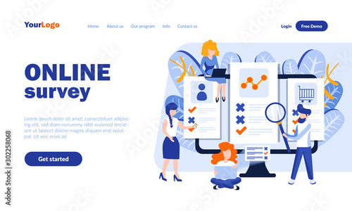 Online survey vector landing page template with header. Internet questionnaire web banner, homepage design with flat illustrations. Research participants cartoon characters. Questioning concept