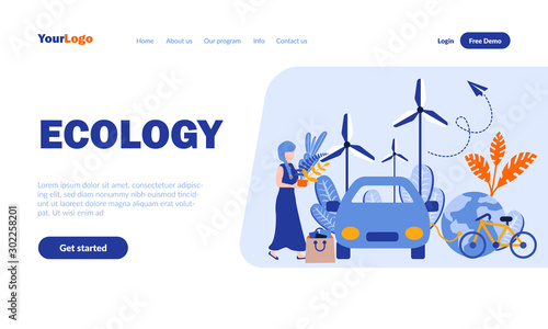 Ecology flat landing page template with header. Environment protection web banner, homepage design. Alternative energy source, ecological transport vector illustration. Eco friendly lifestyle concept