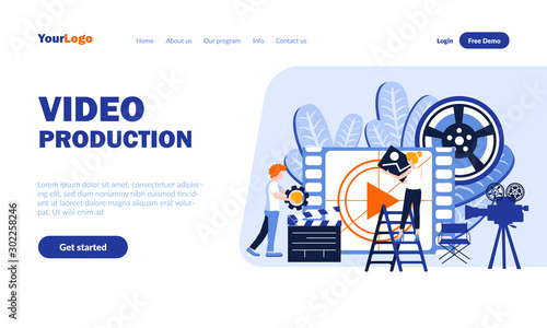 Video production vector landing page template with header. Movie creation web banner, homepage design with flat illustrations. Film editors, producers cartoon characters. Filming concept