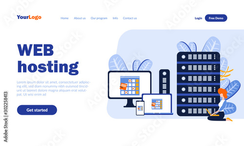 Web hosting flat landing page template with header. Website placing on server, online service web banner, homepage design. Internet data storage vector illustration. Online database concept
