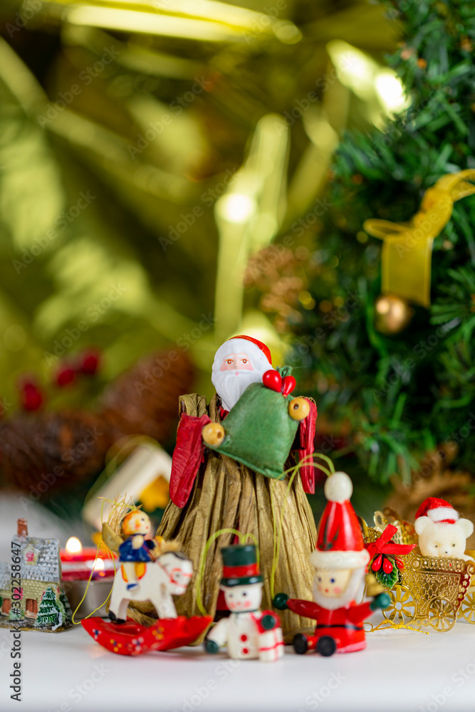 Christmas collection, gifts and decorative ornaments, on a Christmas background. photographic still life.