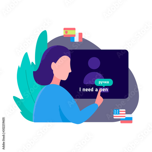 The concept of the profession of a modern translator. The linguist sits and taps on English words on the screen. She translates it into Russian
