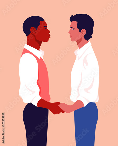 Young men hold hands and look at each other. Profile of a homosexual couple. Date. Vector flat illustration