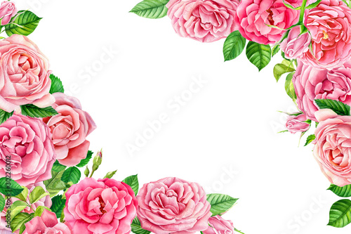 Pink spring flowers, vintage watercolor roses isolated on white background, wedding greeting card.