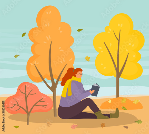 Woman character sitting on meadow and reading book. Female relaxing with literature near colorful trees with falling leaves. Brunette person in scarf walking in autumn park with foliage vector