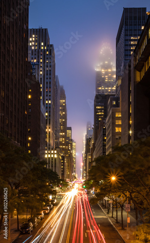 New York City skyscrapers from Tudor City in Manhattan at night with long exposure