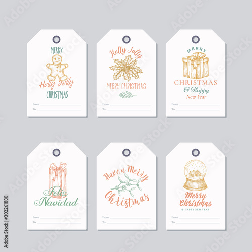 Christmas and New Year Ready-to-Use Pastel Colour Gift Tags or Labels Templates Set. Hand Drawn Cookie Man, Mistletoe, Snow Ball, Holly and Gift Box Sketches with Retro Typography.