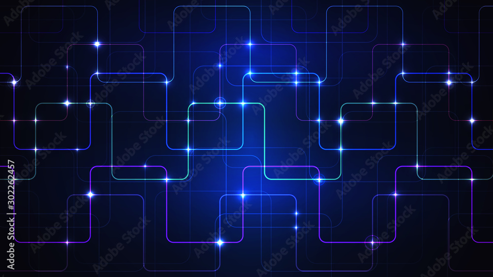 Vector illustration of a techno technology design of luminous lines on a dark blue background. The modern concept of digital technology. EPS 10.