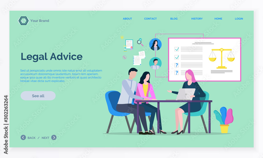 Lawyer working with laptop, advisor and clients discussing, legal advice. Consultation online, legislation service, woman attorney, court vector. App slider template, landing page, link flat style