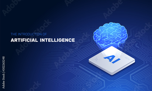 isometric vector image on a dark blue background, the processor on the board and the glowing brain, the promotion of artificial intelligence