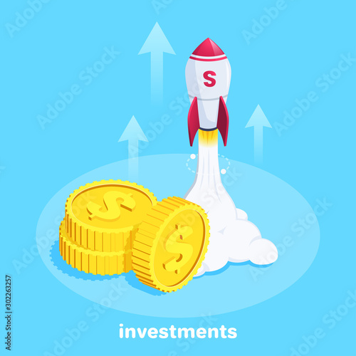 isometric vector image on a blue background, a rocket taking off and coins lying nearby, startup investment