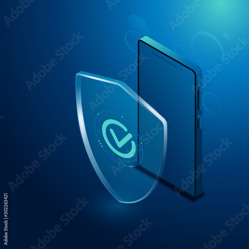 isometric vector image on a dark blue background, transparent shield and smartphone, digital data protection.