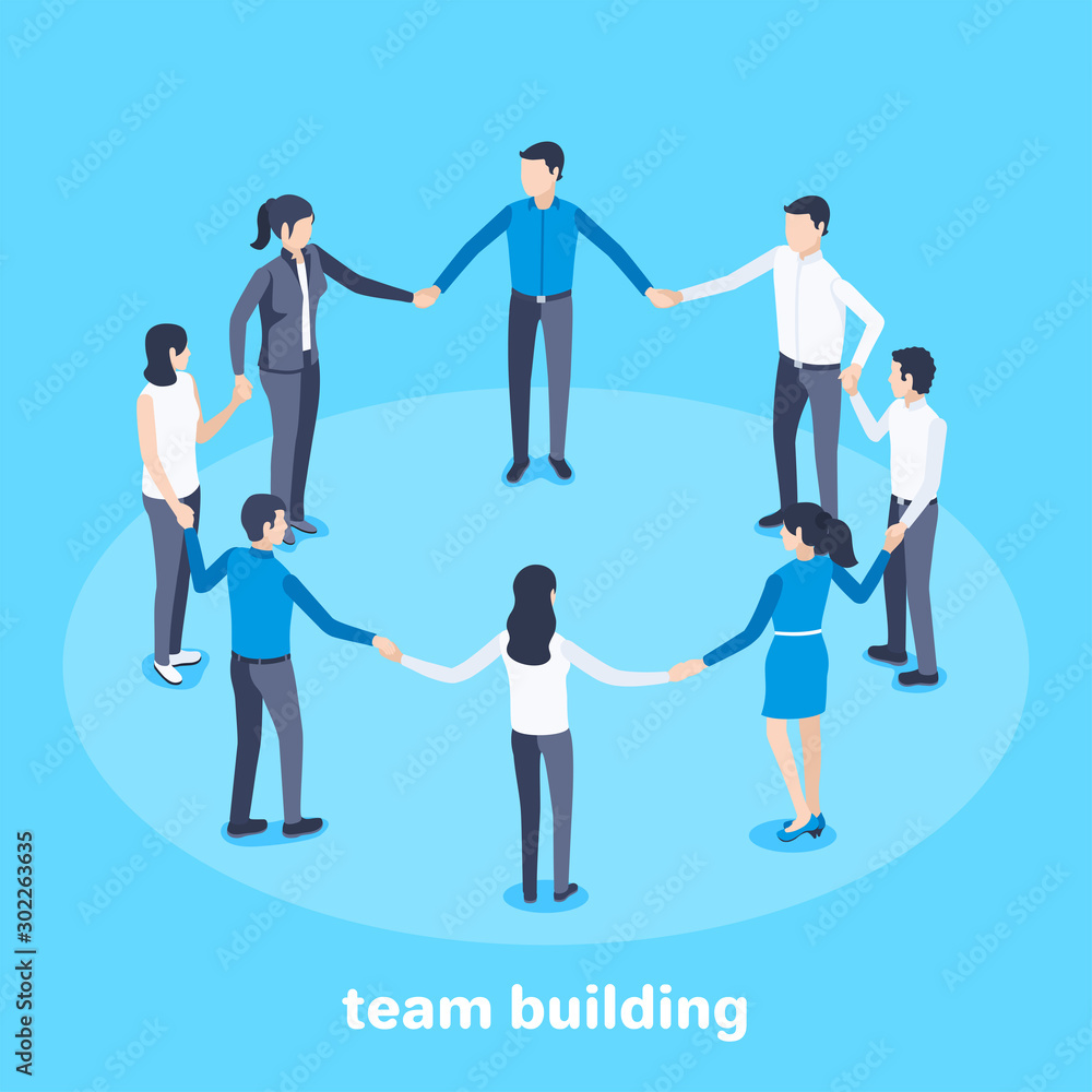 isometric vector image on a blue background, men and women stand in a circle holding hands, team building and teamwork isometric vector image on a blue background, men and women stand in a circle holding hands, team building and teamwork