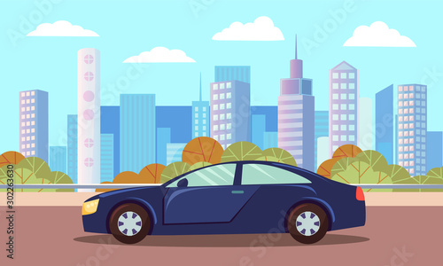 Dark blue small car  vehicle on city background. Sedan or hatchback stand on asphalted road or highway. Beautiful landscape of town with skyscrapers. Vector cartoon illustration in flat style