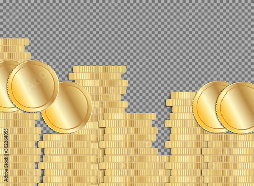 Coin stack. Gold money pile. Flat cash gain symbol on transparent background. Pound or dollar currency income. Game treasury or revenue. Prosperity icon. Treasure growth