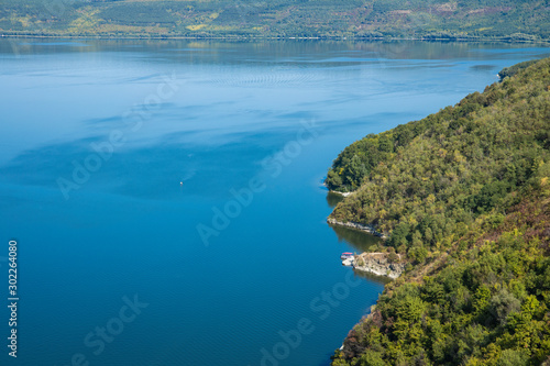 Top view aerial landscape of Adriatic sea Croatian shoreline scenery green hills and blue water simple nature background 