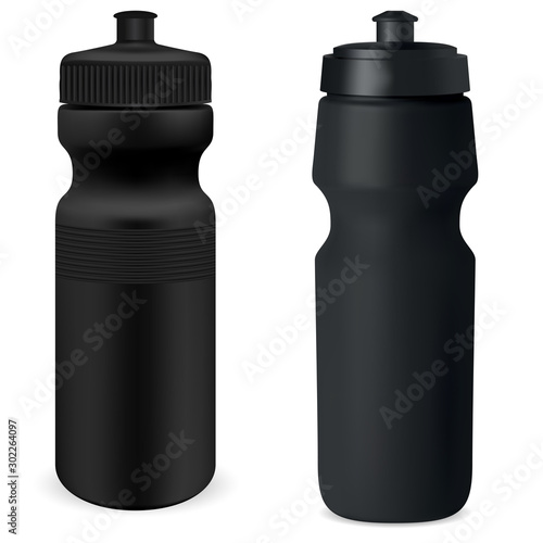 Water flask set. Black sport bottle mockup. Protein can blank illustration. Nutrition powder canister 3d template. Cycling recycle vessel. Retail package promotion. Gym container