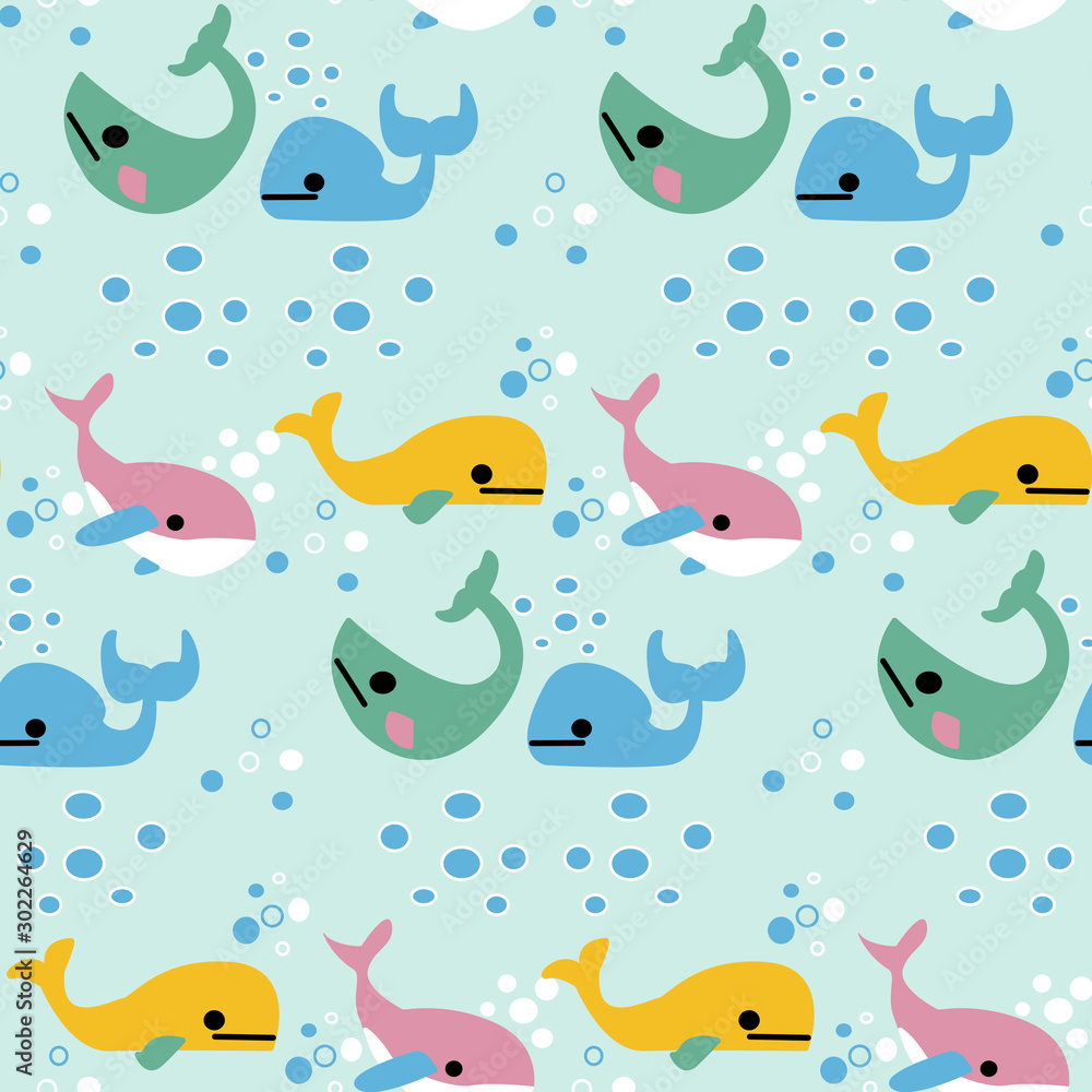 Colorful wales and water bubbles in a seamless pattern design Colorful wales and water bubbles in a seamless pattern design
