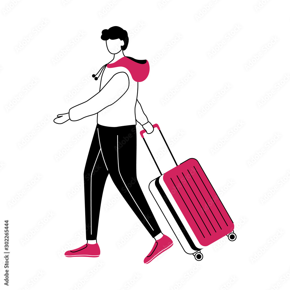 Boy tourist with suitcase flat contour vector illustration. Travelling abroad isolated cartoon outline character on white background. Man going on trip. Budget tourism simple drawing Boy tourist with suitcase flat contour vector illustration. Travelling abroad isolated cartoon outline character on white background. Man going on trip. Budget tourism simple drawing