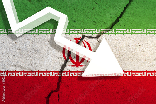 Wallpaper Mural Iran Flag on the cracked wall with arrow falling down. Concept of decrease in the country. 3D Illustration Torontodigital.ca