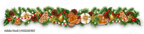 Christmas border decorations garland with fir branches, gingerbread cookies, golden bells, holly berries and cones. Design element for Xmas or New Year on white background. Vector