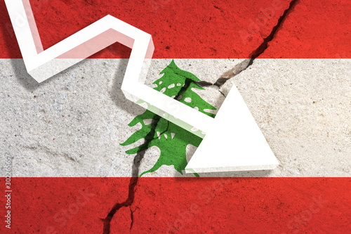 Wallpaper Mural Lebanon Flag on the cracked wall with arrow falling down. Concept of decrease in the country. 3D Illustration Torontodigital.ca