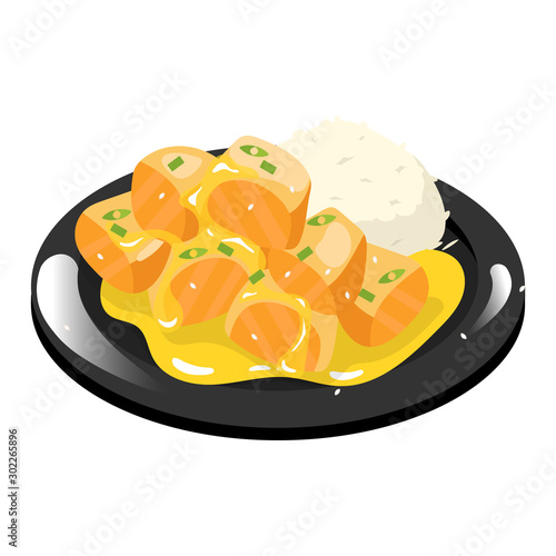 Chinese meat dish with rice color icon. Curry chicken on black plate. Eastern traditional cuisine. Meat chops with sweet and sour sauce. Square shaped salmon. Isolated vector illustration
