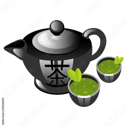 Chinese tea ceremony color icon. Teapot with cups. Asian green tea. Hot drink in porcelain teaware. Teahouse atmosphere. Chinese traditions and culture. Isolated vector illustration