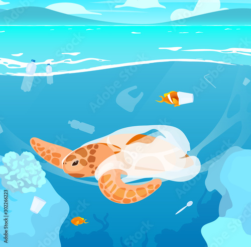 Turtle trapped in plastic garbage flat vector illustration. Sea pollution problem. Ecological catastrophe. Water contamination, nature damage. Marine animal in ocean cartoon character