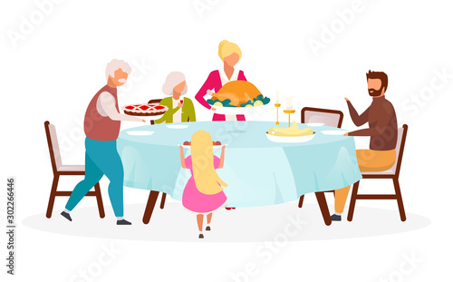 Thanksgiving day flat vector illustration. Fall holiday celebration. Annual festive meal. Celebrating harvest together. Family dinner with turkey isolated cartoon character on white background