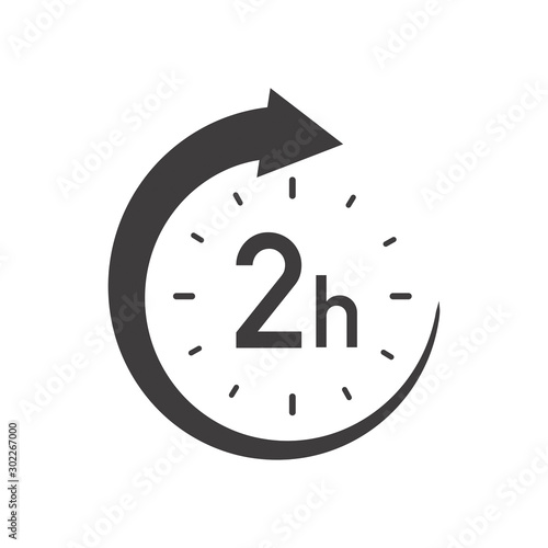 Two hours round icon with arrow. Black and white vector symbol.