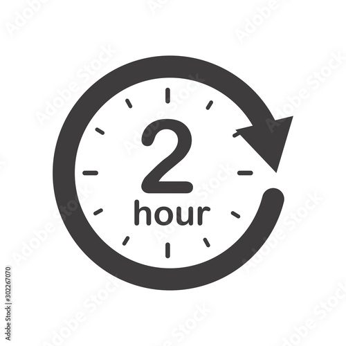 Two hours round icon with arrow. Black and white vector symbol.