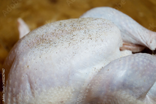 Close up of seasoning on raw turkey