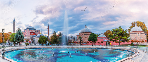 Sultan Ahmet Square panorama, view on the fountain, the Hagia Sophia and the brahim Han Sebili, Istanbul