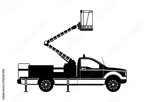 Aerial work platform. Boom lift silhouette. Side view. Flat vector.