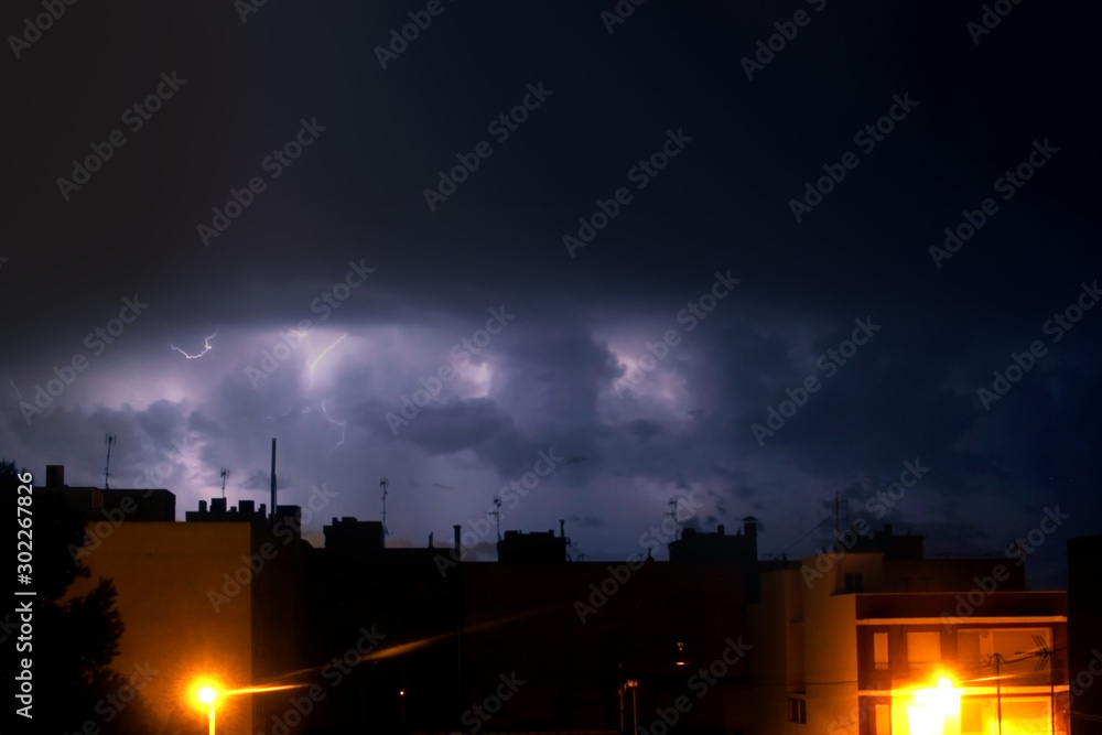 night thunderstorm with lightning between clouds