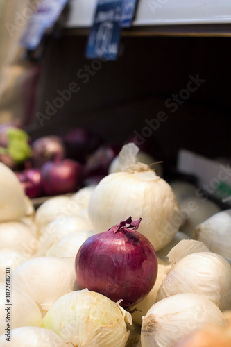 Fresh onions in supermarket. Concept of healthy food, bio, vegetarian, diet. photo