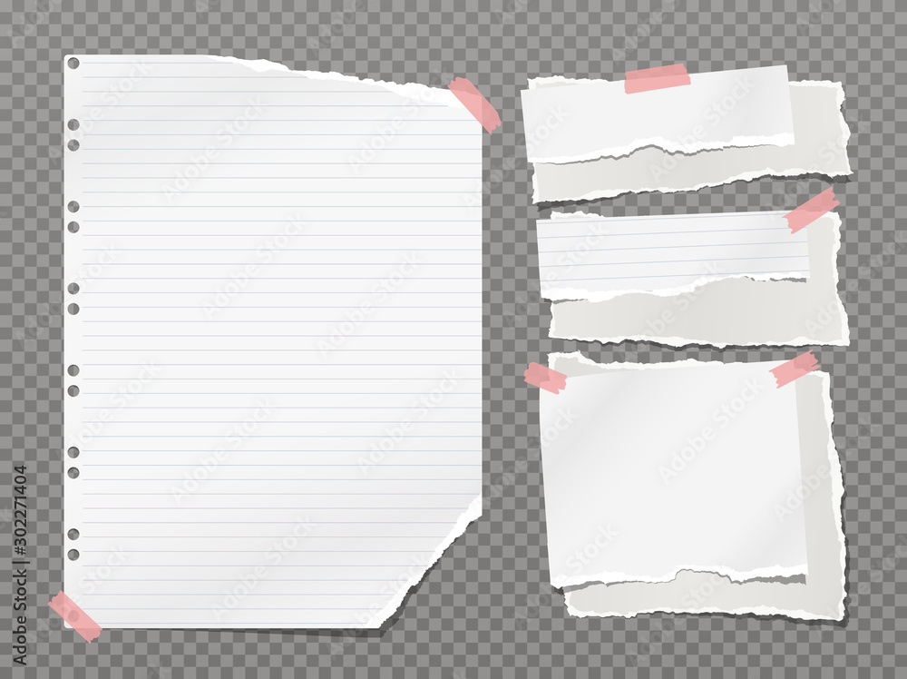 Fototapeta premium Set of torn white and lined note, notebook paper strips and pieces stuck with red sticky tape on dark squared background. Vector illustration