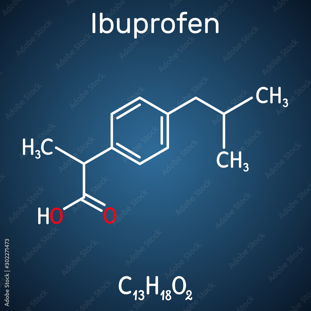 Ibuprofen molecule, is a nonsteroidal anti-inflammatory drug NSAID drug. Structural chemical formula on the dark blue background