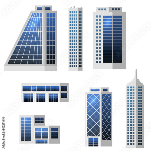 Set of city buildings isolated to create modern urban cityscape, Flat design. Business office, houses, shopping center with gllazed panels. Vector illustration