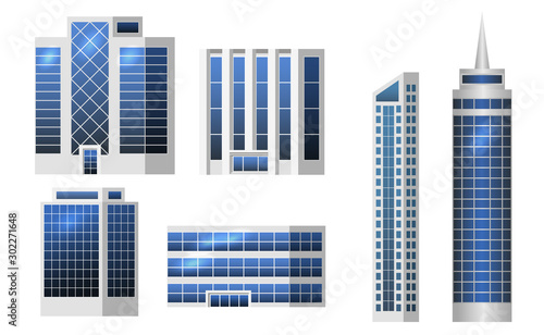 Set of city buildings isolated to create modern urban cityscape, Flat design. Business office, houses, shopping center with gllazed panels. Vector illustration