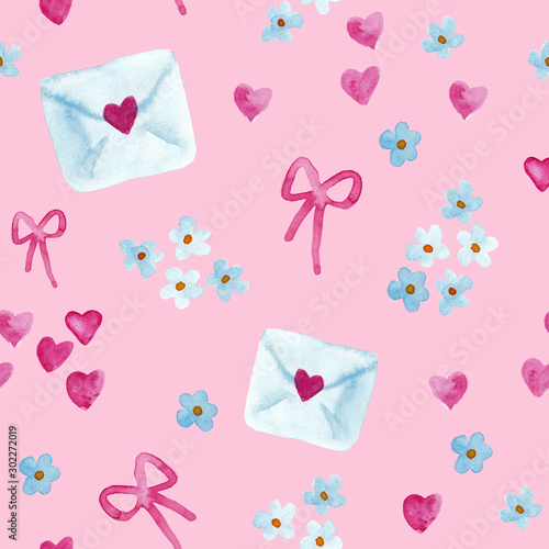 Love letters in envelope and flowers with hearts watercolor painting - hand drawn seamless pattern on pink