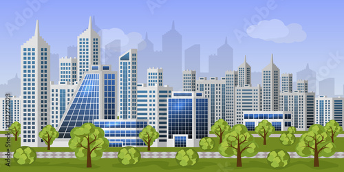 Urban landscape background. Modern eco city street with business office buildings, houses and skyscrapers. Spring trees and bushes, cityscape  for cartoon or game, . Flat style, vector illustration