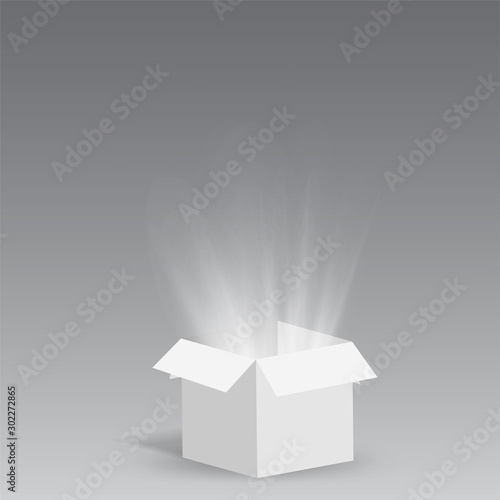 Vector opened gift box with magical silver shiny rays coming out of it isolated on white background. Surprise concept. Holiday sale banner for invitations, posters. Cardboard package for birthdays.